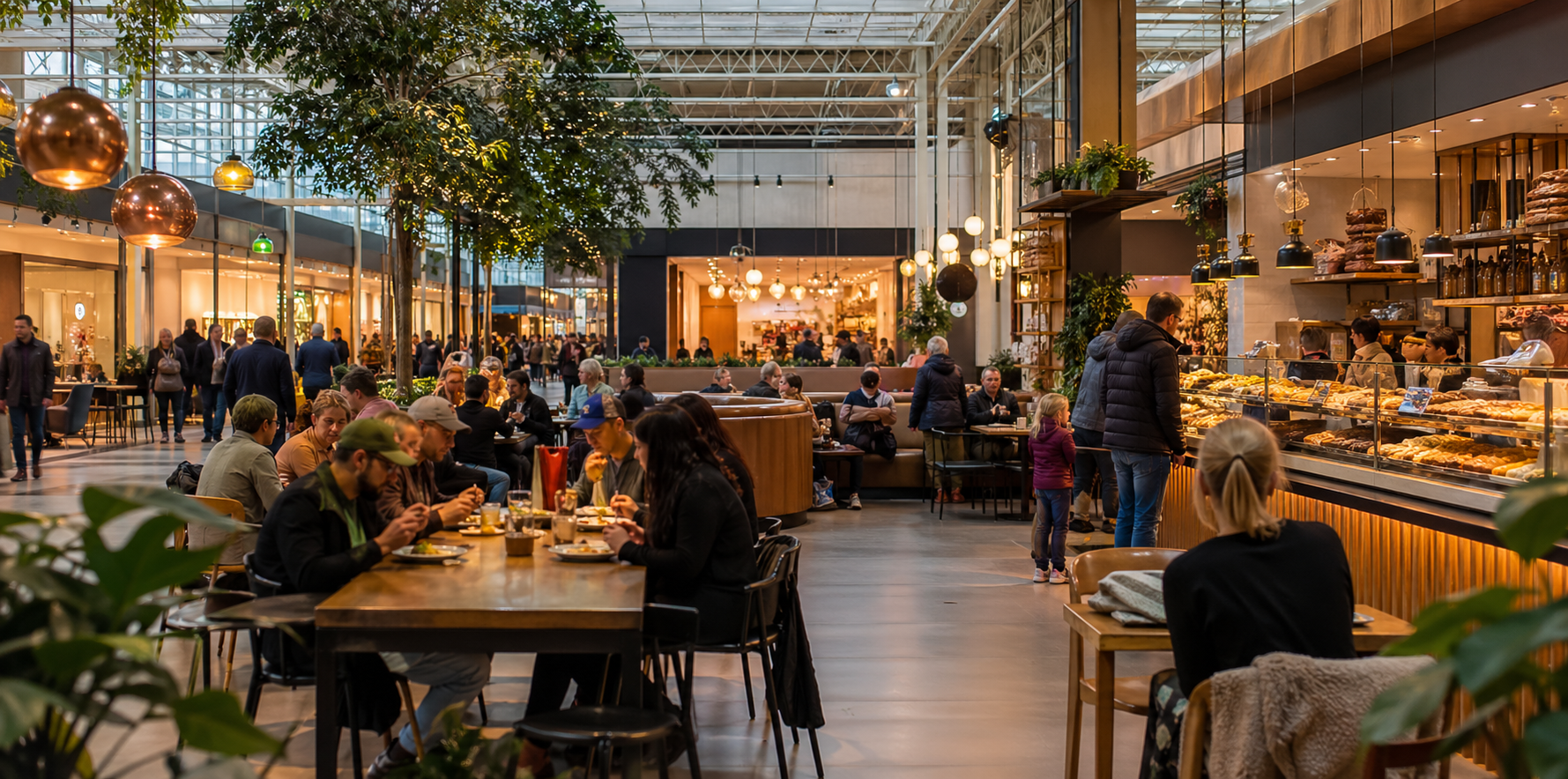 Restaurangyta med bord, servering och besökare