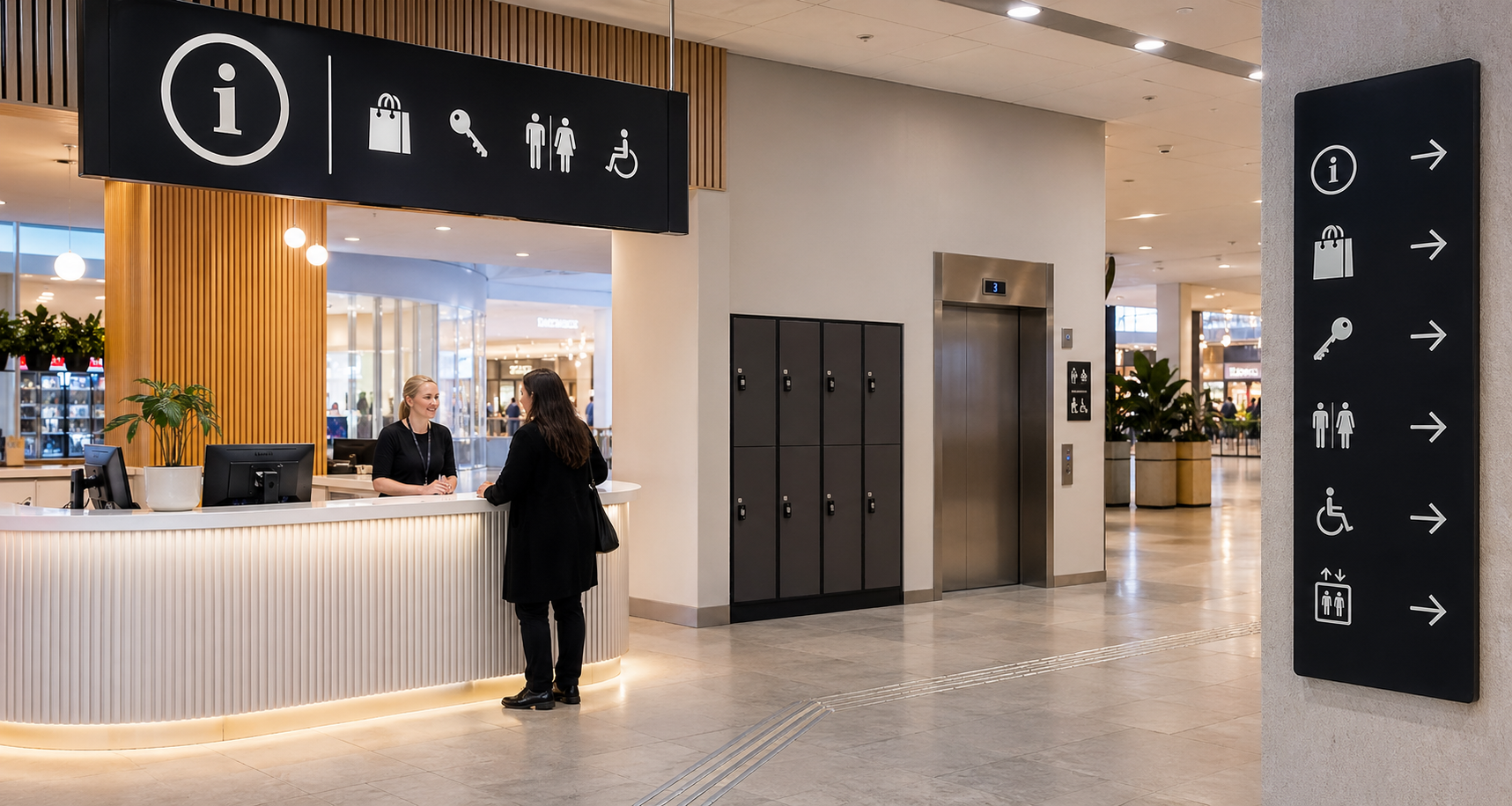Informationsdisk och vägvisning i köpcentrum